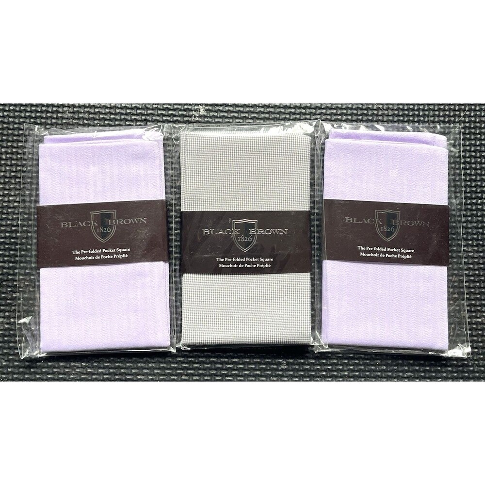 3-PK BLACK BROWN 1826 Pre-Folded Pocket Squares Black check and Lavender, Cotton
